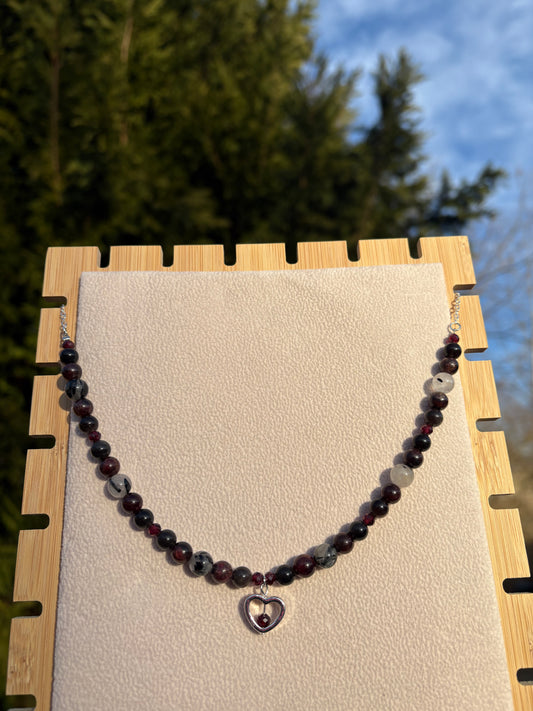 Garnet, Tourmalated Quartz, Silver Sheen Obsidian Cupid’s necklace