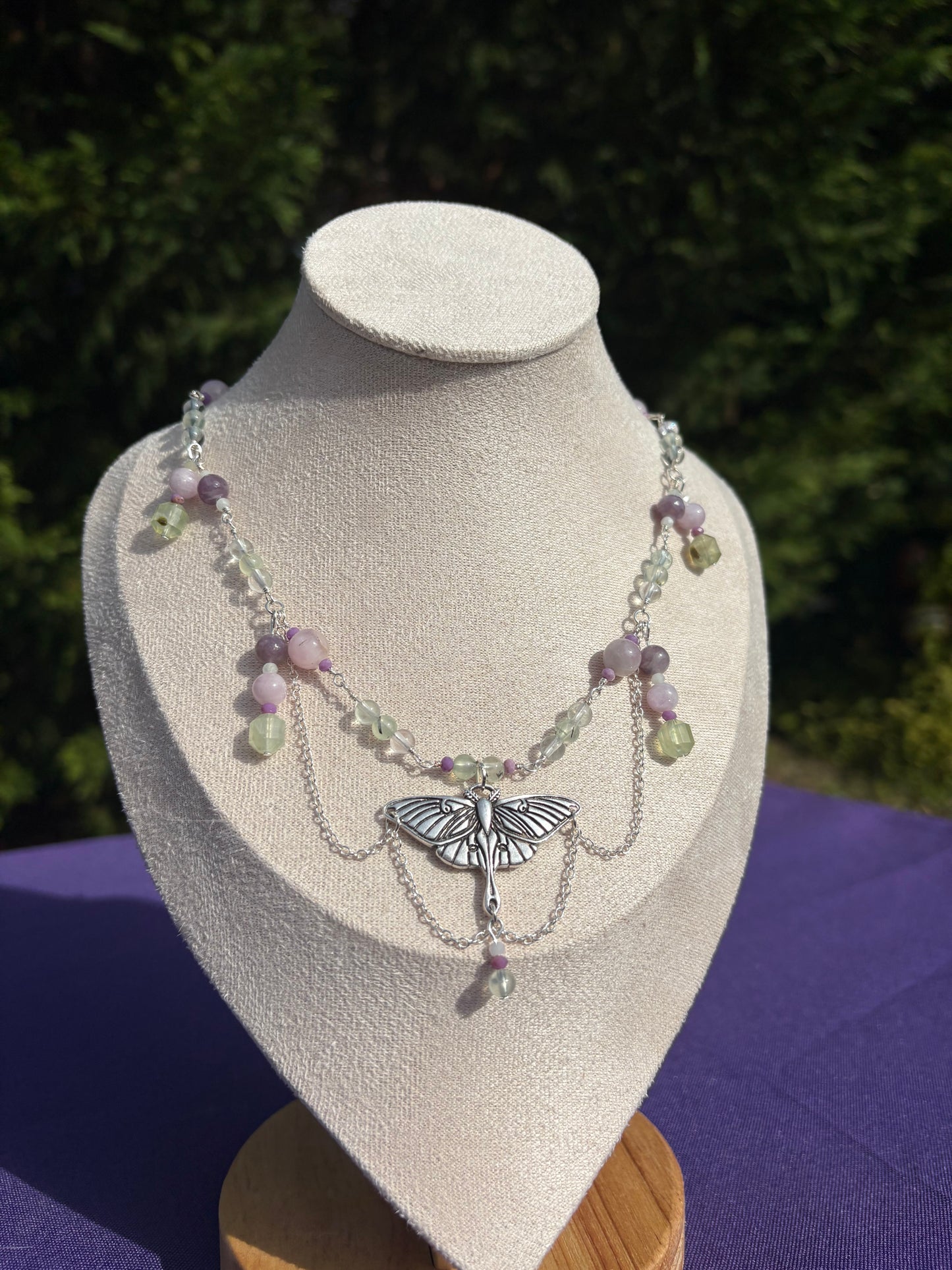 Burmese Jade, Prehnite, Kunzite, Phosphosiderite, Fluorite, and Lepidolite Moth Necklace