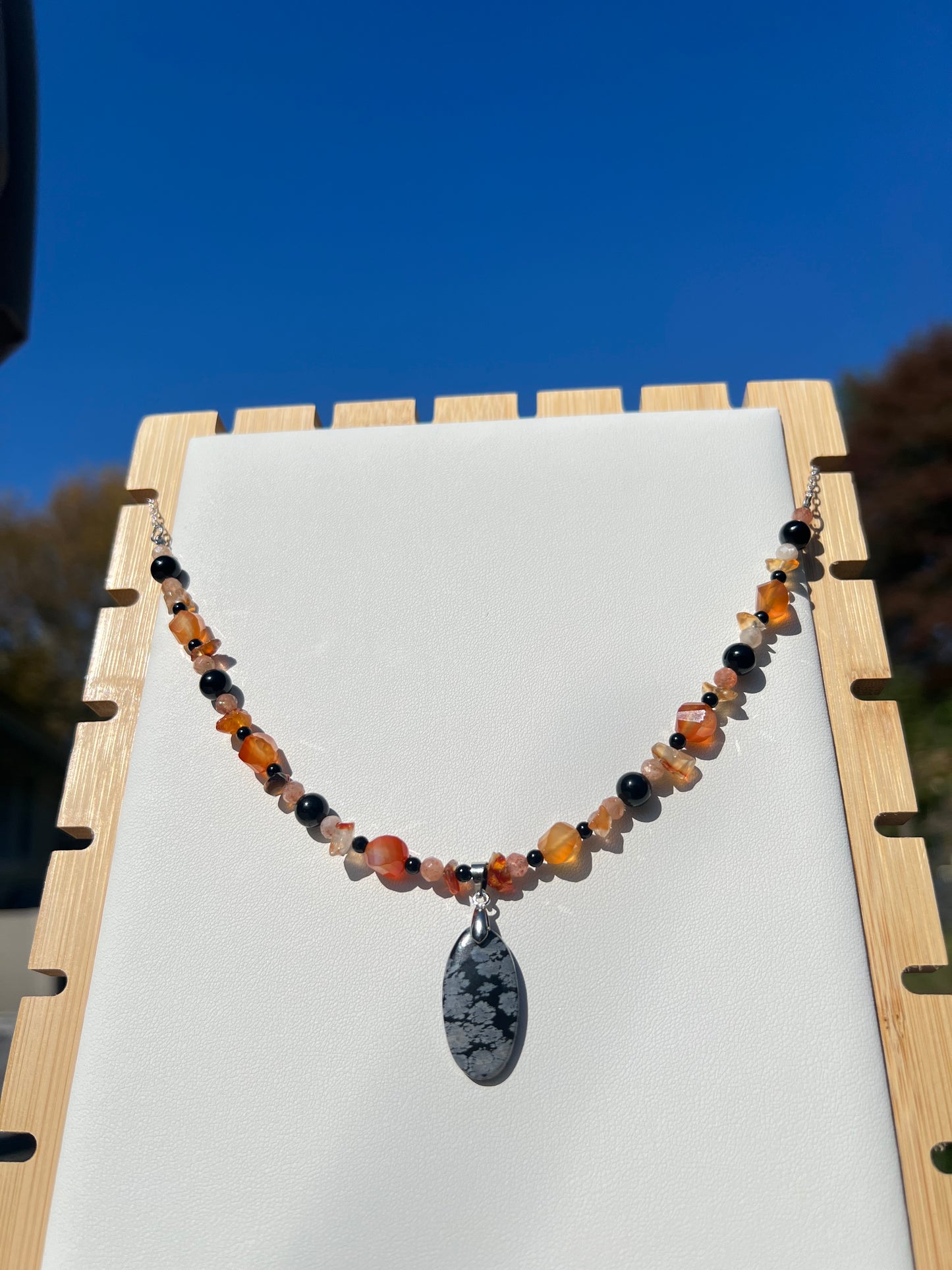 Carnelian, Black Onyx, Sunstone, Black Tourmaline, Snowflake Obsidian Spooky Necklace