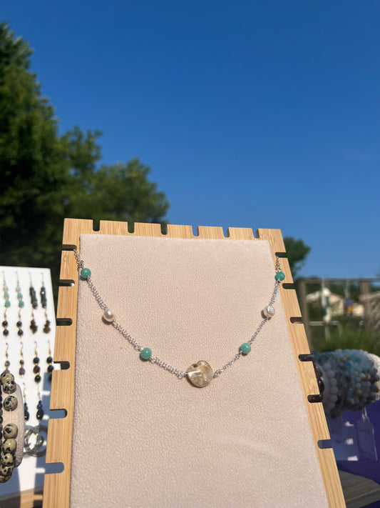 Peruvian Amazonite & Freshwater Pearl & Mother or Pearl mermaid necklace