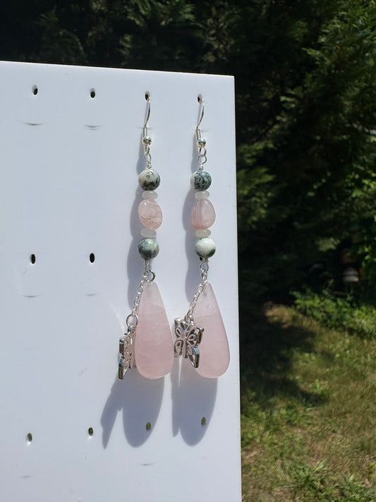 Rose Quartz, Moss Agate, & White Jade Butterfly Earrings