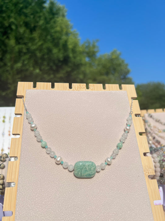 Peruvian Amazonite & Clear Quartz & Freshwater Pearl mermaid necklace