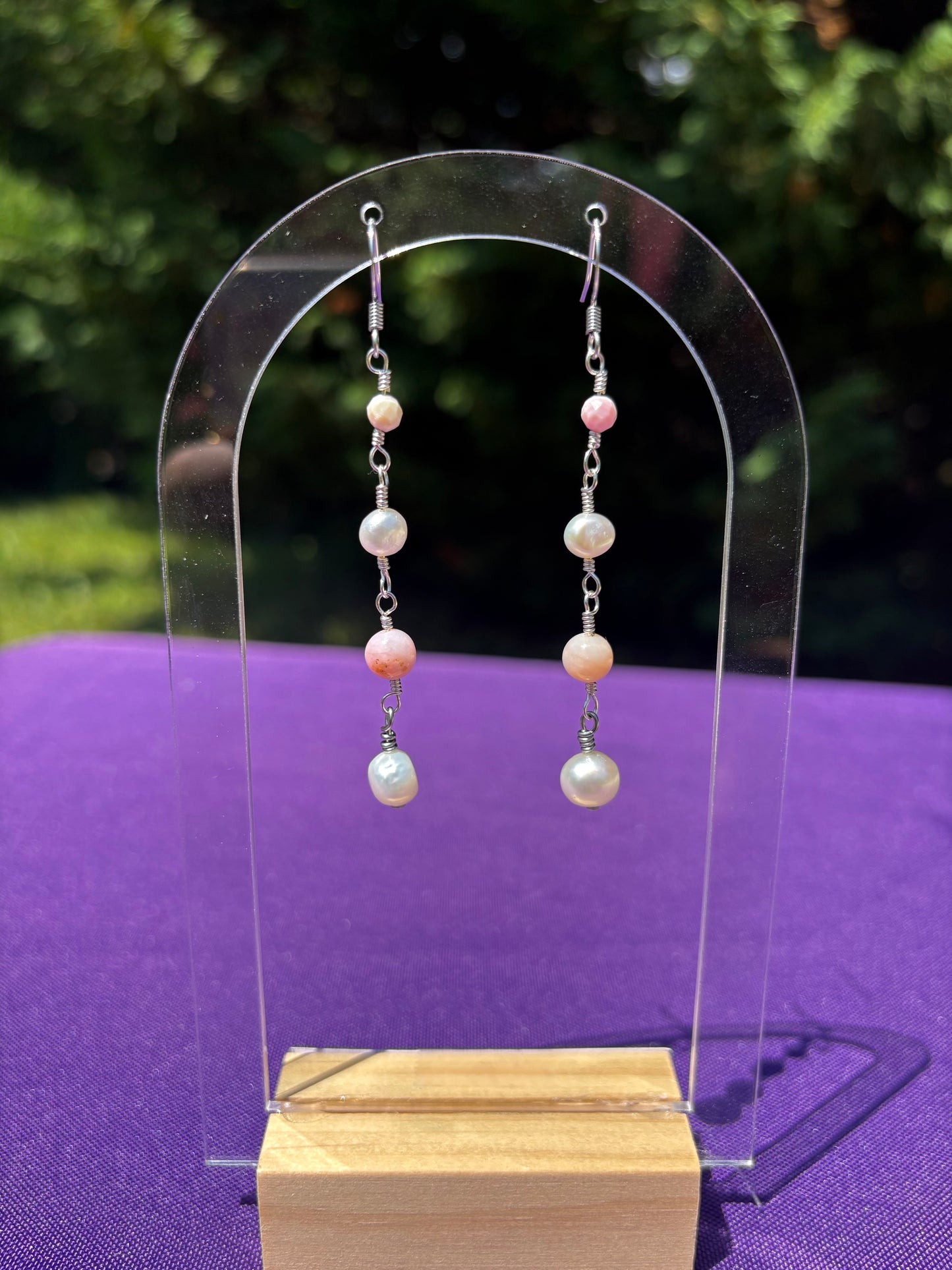 Queen Conch Shell, Freshwater Pearl, and Peruvian Pink Opal earrings