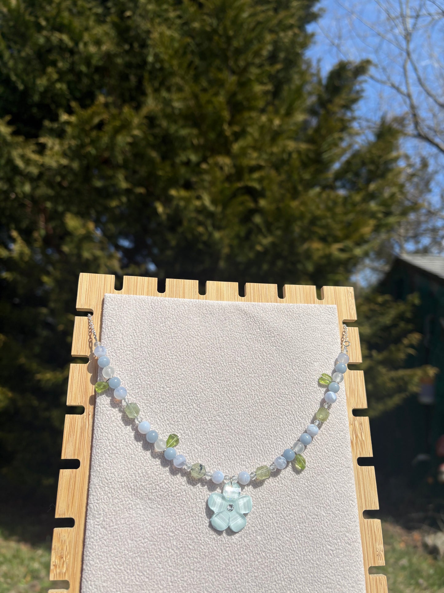 Blue Lace Agate, Angelite, Prehnite, Peridot & Topaz necklace