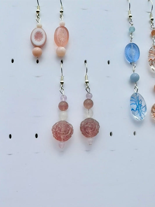 Strawberry Quartz, Lavender Amethyst & Topaz Rose earrings