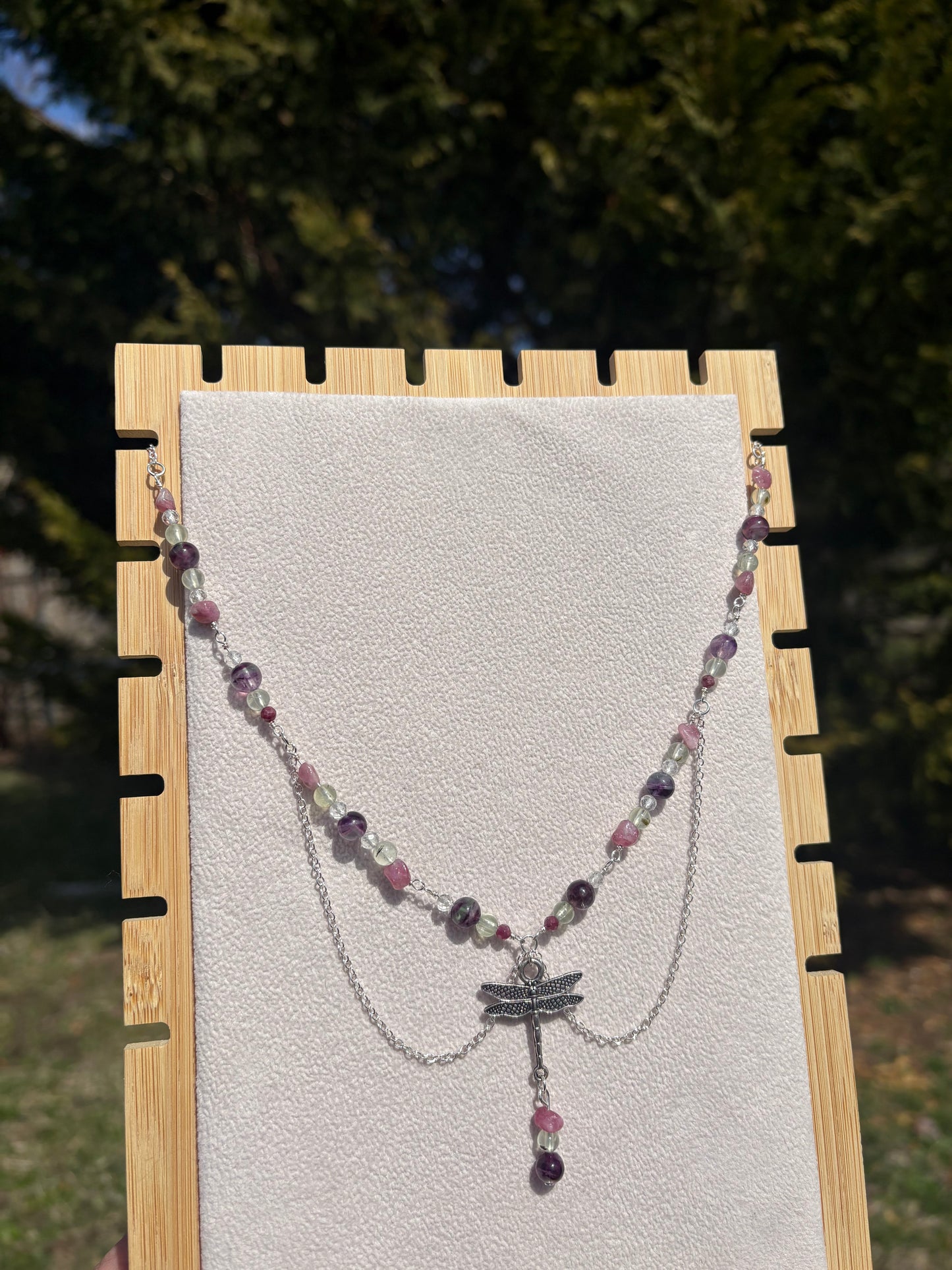 Pink Tourmaline, Prehnite, Fluorite & Topaz Dragonfly necklace