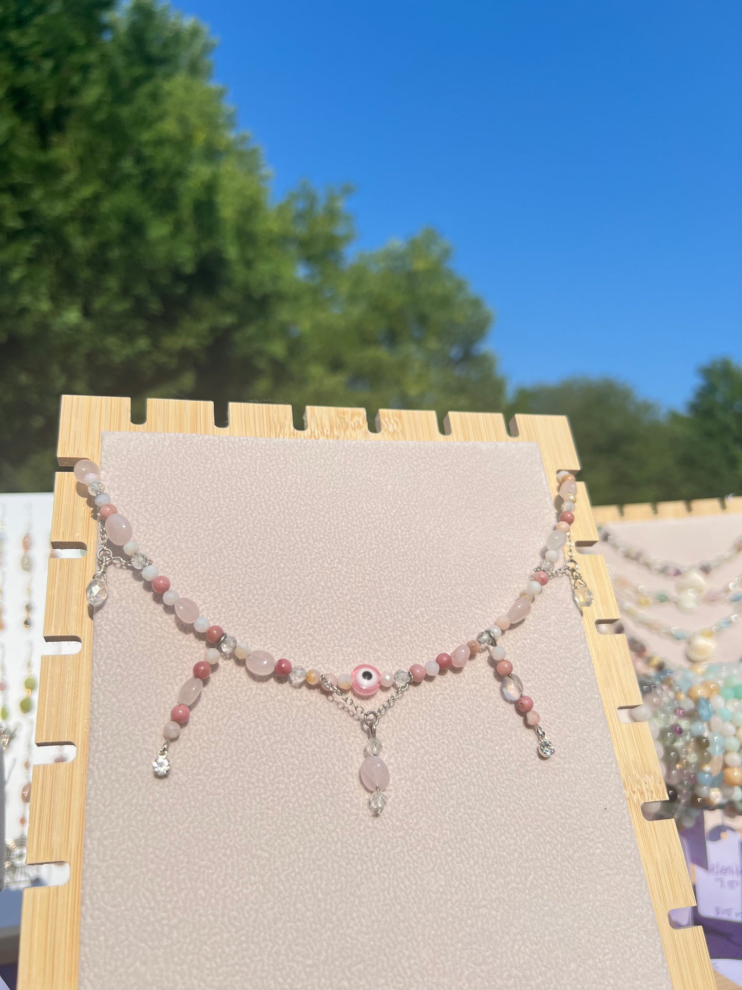 Rhodonite & Pink Opal & Rose Quartz & White Jade & Topaz Pink Evil Eye necklace