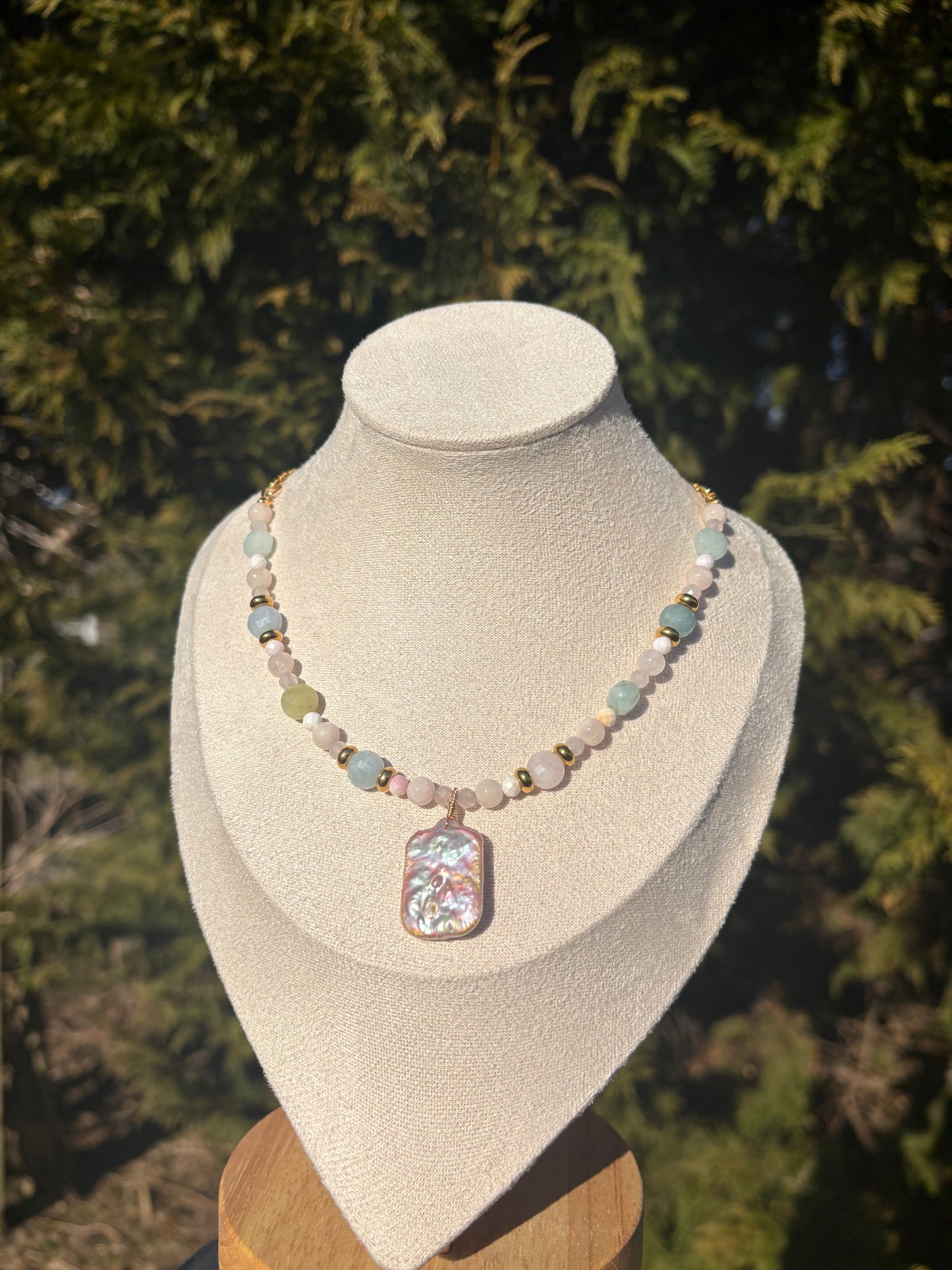 Rose Quartz, Queen Conch Shell, Morganite, Rainbow Beryl, Pink Baroque Freshwater Pearl necklace