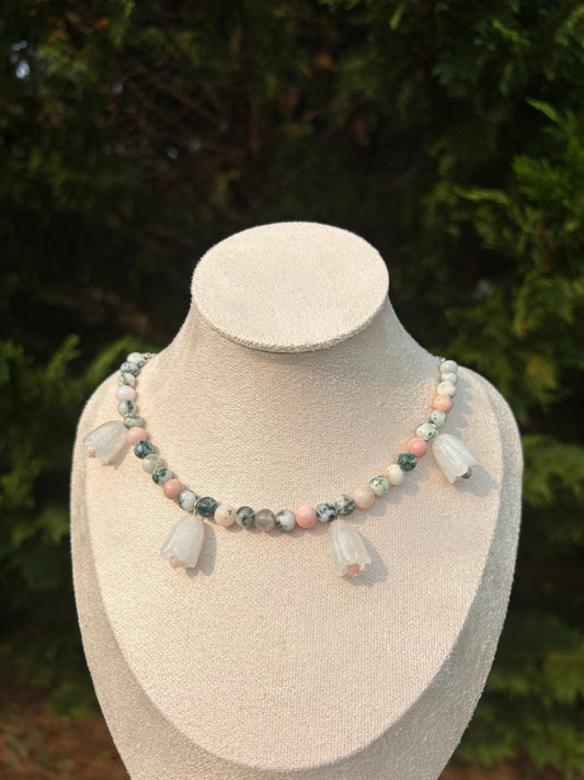 Moss Agate & Peruvian Pink Opal & White Quartz flower necklace