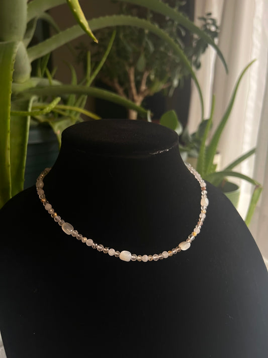 Rutilated Quartz, Topaz, Moonstone, and White Jade Choker