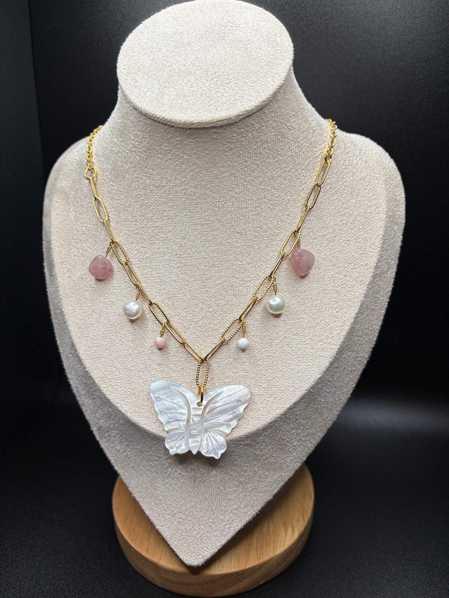 Queen Conch Shell, Rose Quartz, Freshwater Pearl, and Mother of Pearl 18k Gold charm necklace