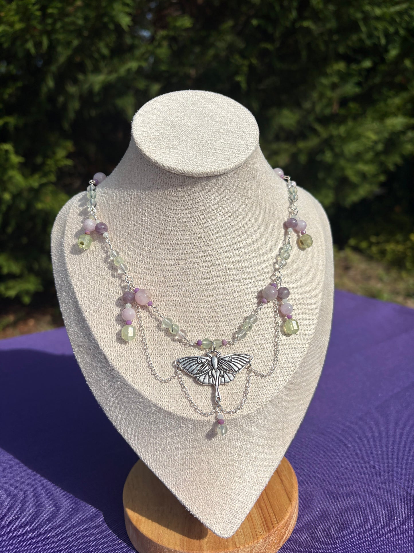 Burmese Jade, Prehnite, Kunzite, Phosphosiderite, Fluorite, and Lepidolite Moth Necklace