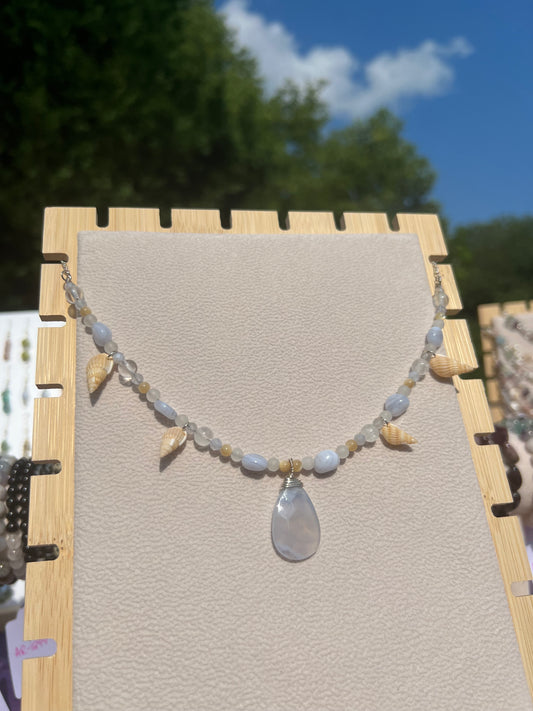 Blue Lace Agate & White Jade & Mother of Pearl & Clear Quartz mermaid necklace