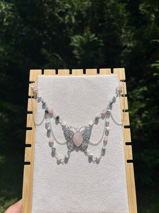Rose Quartz, Moss Agate, & White Jade Butterfly necklace
