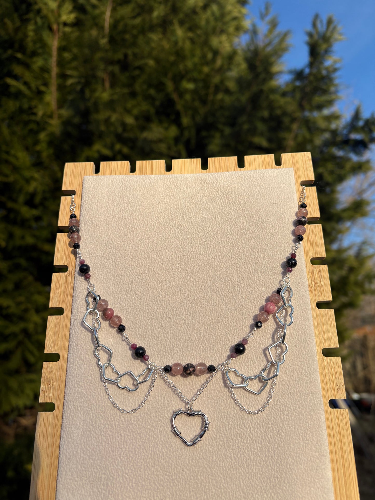 Rhodonite, Strawberry Quartz, Pink Tourmaline, Black Tourmaline, Black Spinel Cupid’s necklace