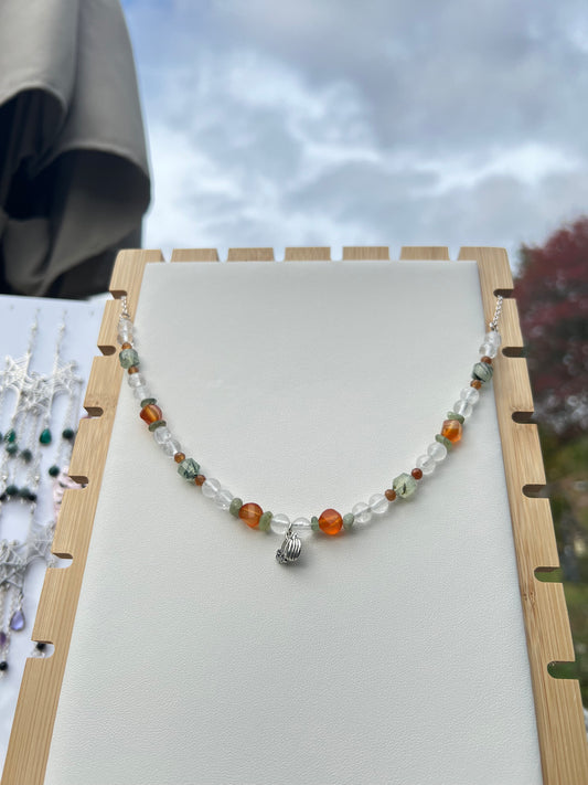 Prehnite, Clear Quartz, Hessonite Garnet, Green Kyanite, Carnelian Spooky Necklace