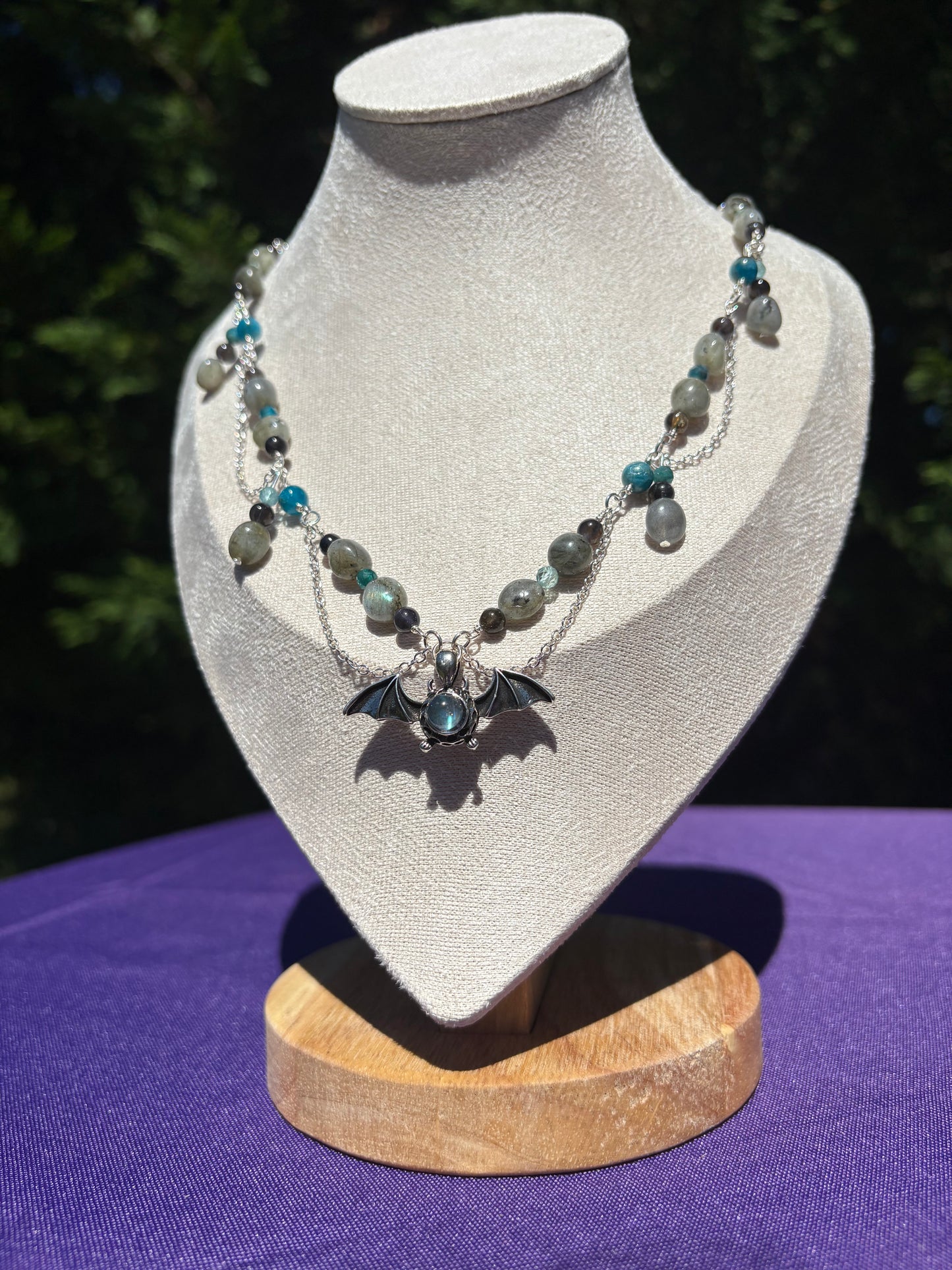 Blue Apatite, Iolite, Labradorite Bat Spooky Necklace