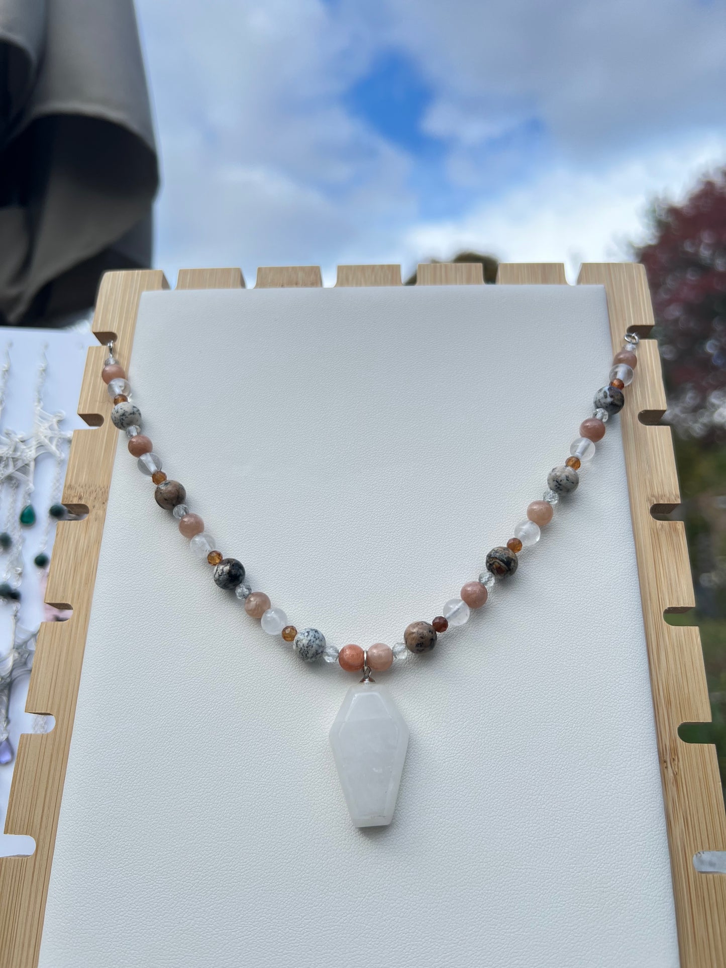 Black Dendritic Opal, Peach Moonstone, Clear Quartz, Hessonite Garnet Spooky Necklace