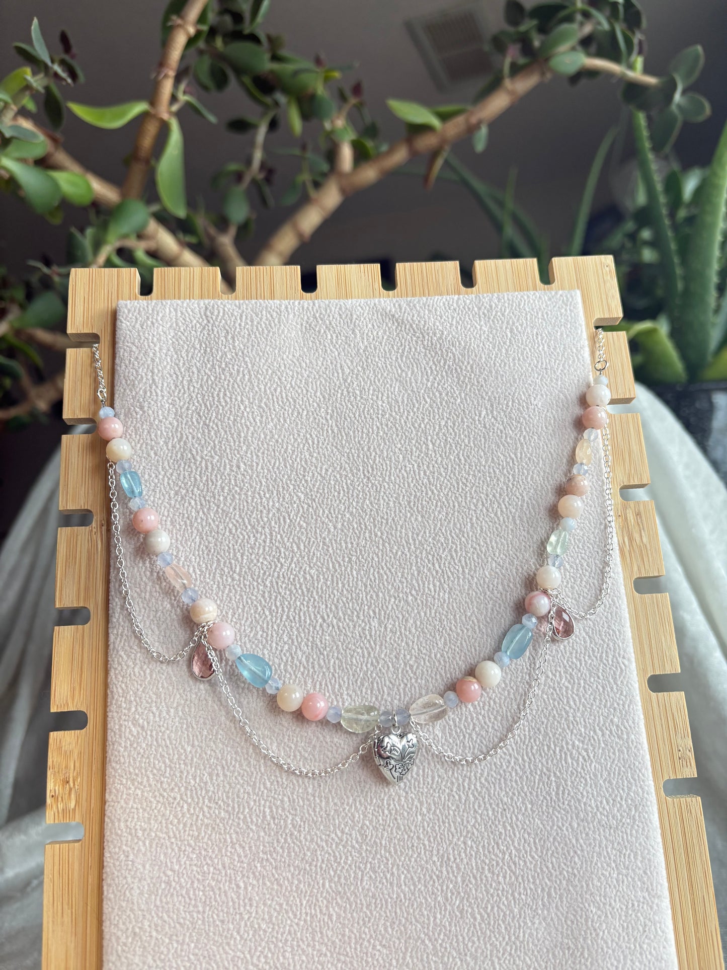 Peruvian Pink Opal, Rainbow Beryl, & Blue Lace Agate Cupid’s Necklace