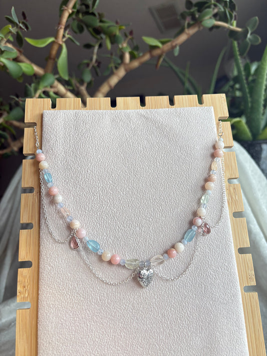 Peruvian Pink Opal, Rainbow Beryl, & Blue Lace Agate Cupid’s Necklace