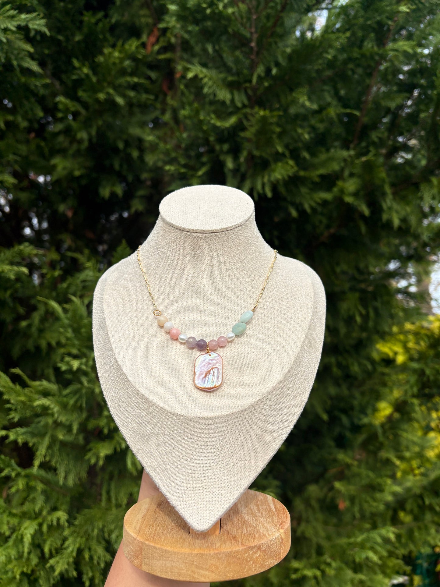 Rose Quartz, Lepidolite, Amazonite, Peruvian Pink Opal, and Natural Pink / Purple Baroque Pearl necklace