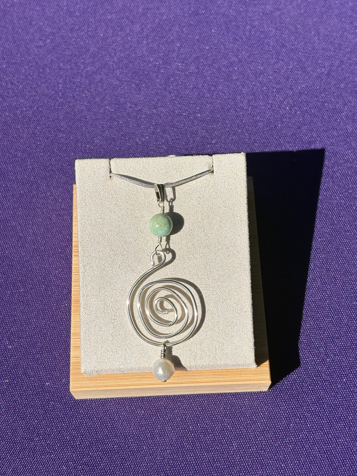 Peruvian Turquoise and Freshwater Pearl Swirl Pendant