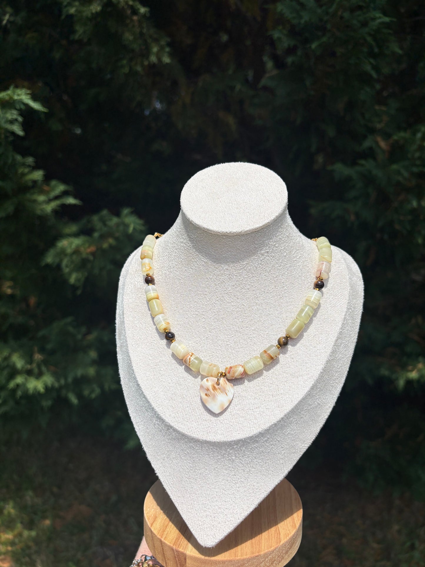 Green Onyx, Tiger Eye, Gold Hematite and Cowrie Heart necklace