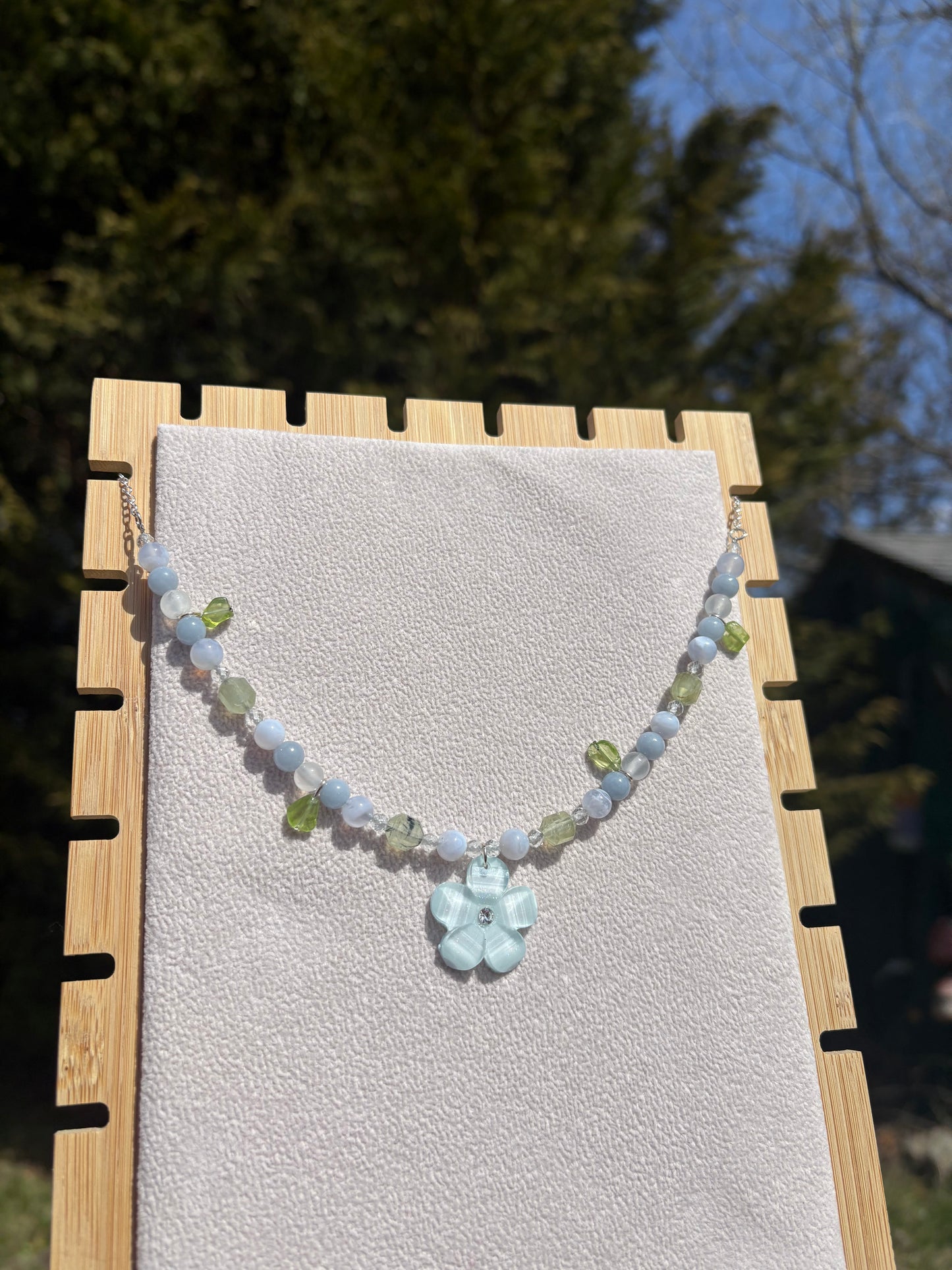 Blue Lace Agate, Angelite, Prehnite, Peridot & Topaz necklace