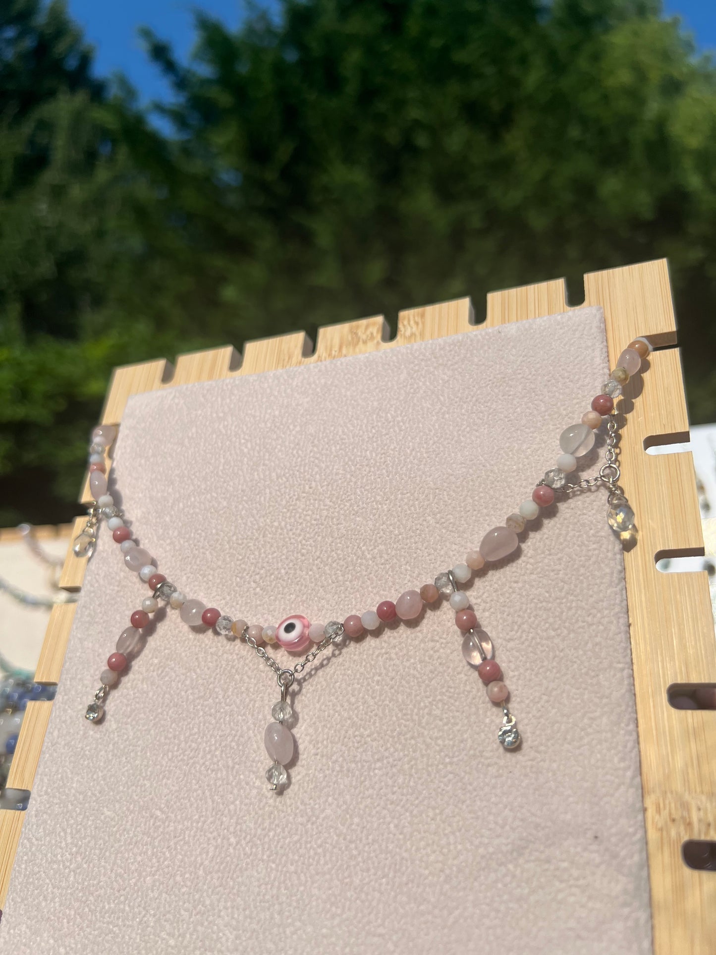 Rhodonite & Pink Opal & Rose Quartz & White Jade & Topaz Pink Evil Eye necklace