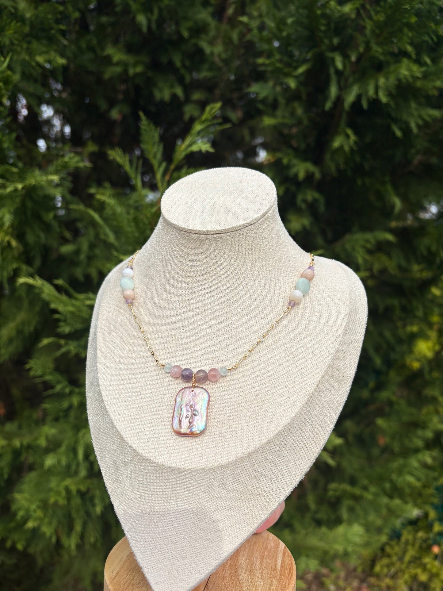 Rose Quartz, Lepidolite, Amazonite, Peruvian Pink Opal, and Natural Pink / Purple Baroque Pearl necklace