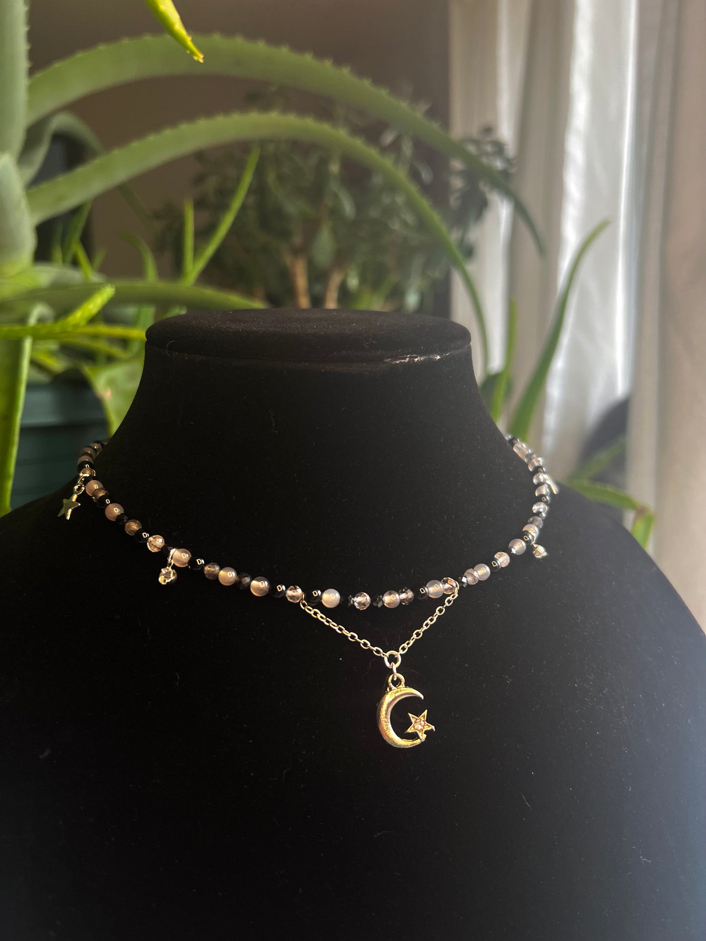 Tourmalated Quartz, Black Onyx, Gray Chalcedony, and Black Spinel Fairy Choker