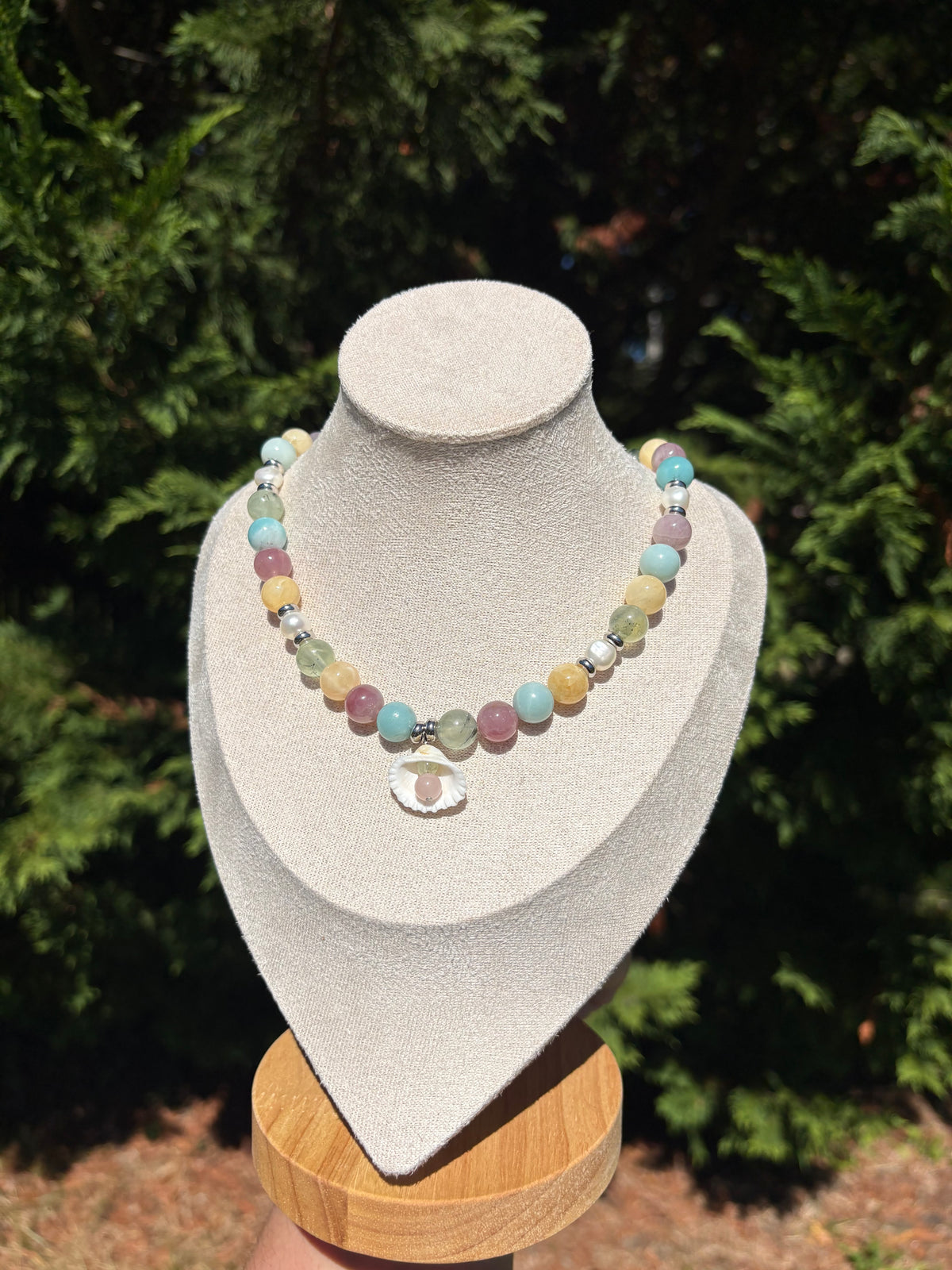 Rose Quartz, Prehnite, Amazonite, Yellow Calcite, and Freshwater Pearl necklace