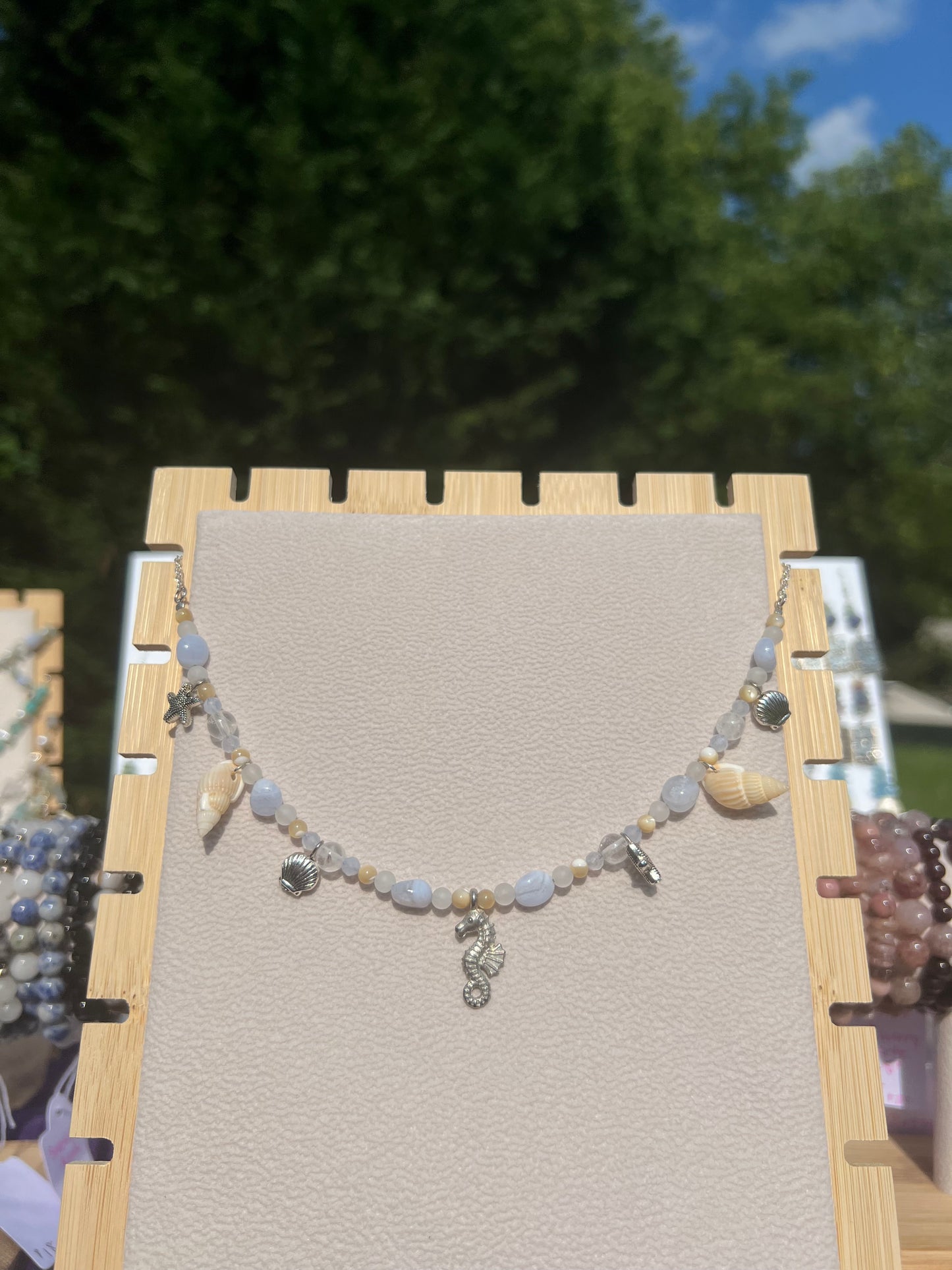 Blue Lace Agate & White Jade & Clear Quartz & Mother of Pearl mermaid necklace