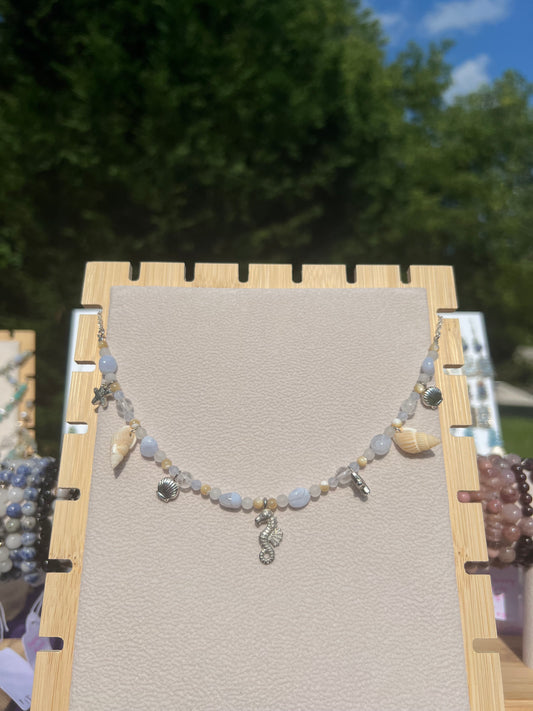 Blue Lace Agate & White Jade & Clear Quartz & Mother of Pearl mermaid necklace