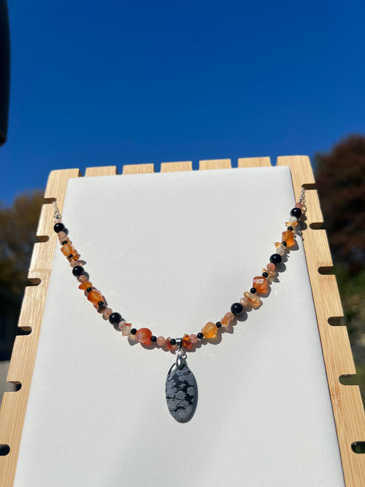 Carnelian, Black Onyx, Sunstone, Black Tourmaline, Snowflake Obsidian Spooky Necklace