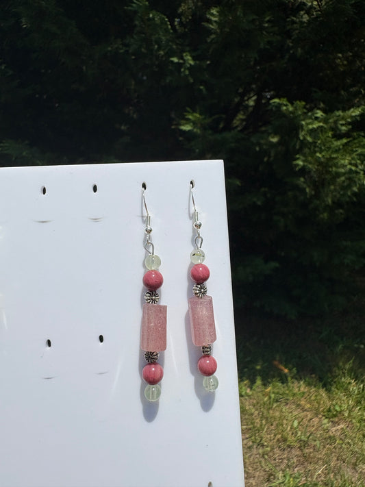 Strawberry Quartz, Rhodonite, & Prehnite Flower earrings