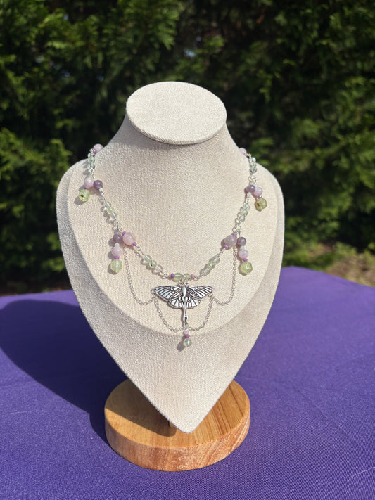 Burmese Jade, Prehnite, Kunzite, Phosphosiderite, Fluorite, and Lepidolite Moth Necklace