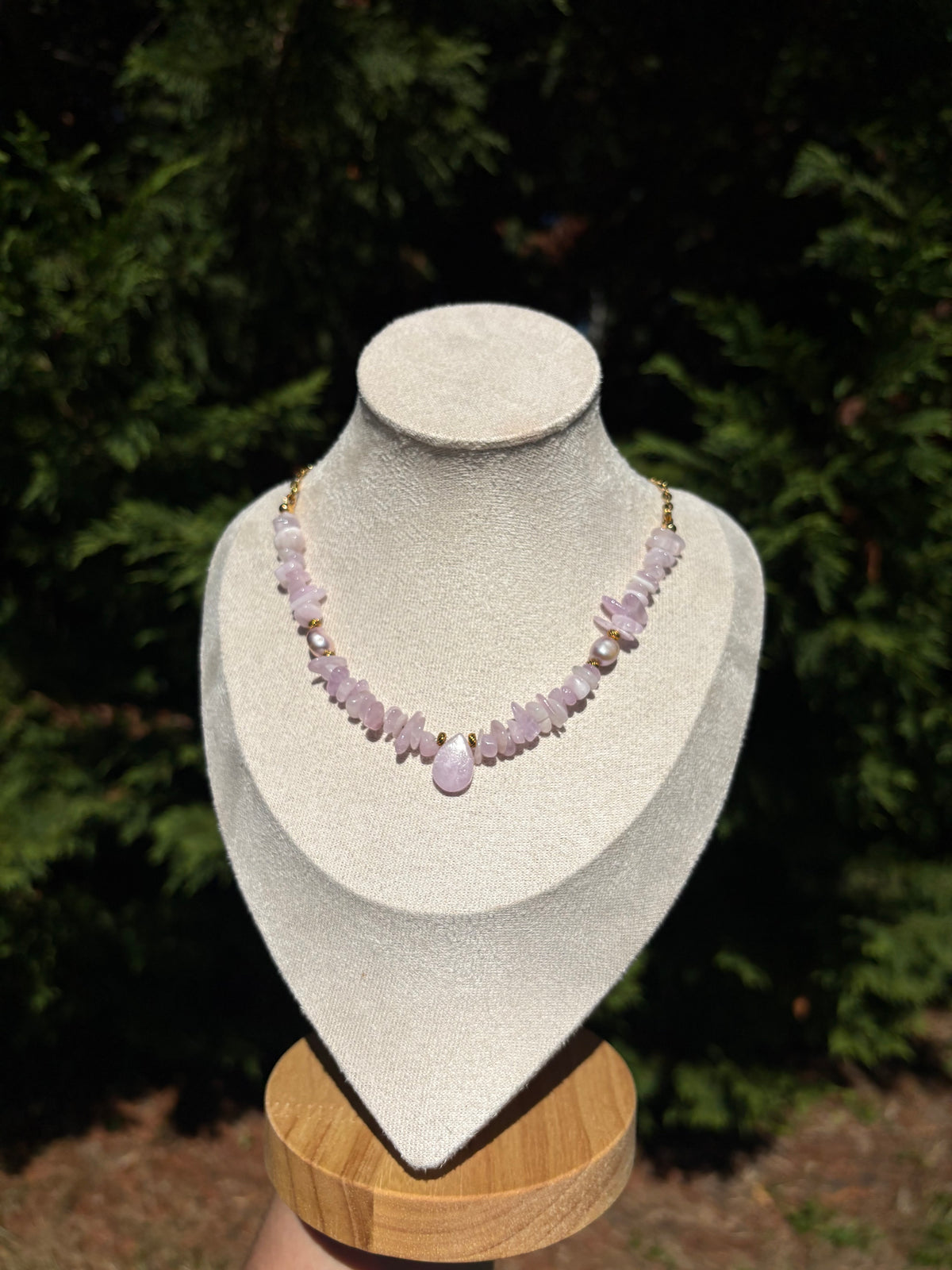 Kunzite and Purple Freshwater Pearl necklace