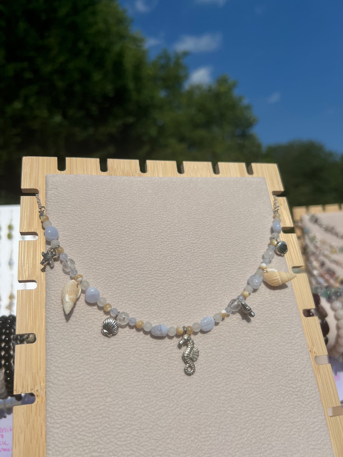 Blue Lace Agate & White Jade & Clear Quartz & Mother of Pearl mermaid necklace