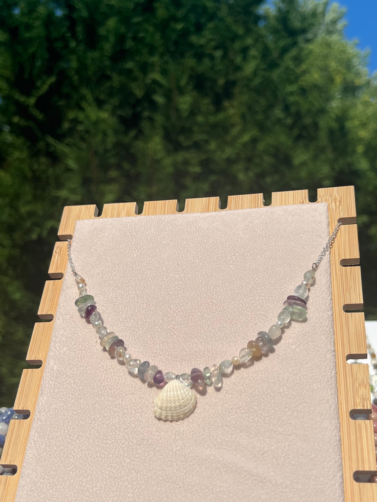 Fluorite & Topaz & Freshwater Pearl & Arca Shell mermaid necklace