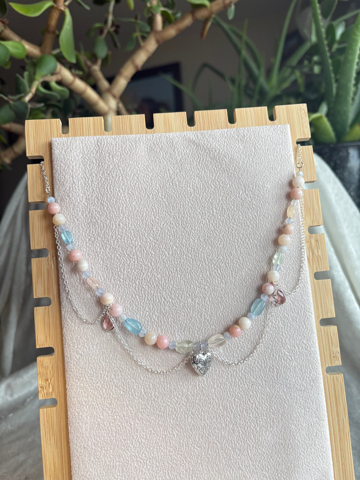 Peruvian Pink Opal, Rainbow Beryl, & Blue Lace Agate Cupid’s Necklace