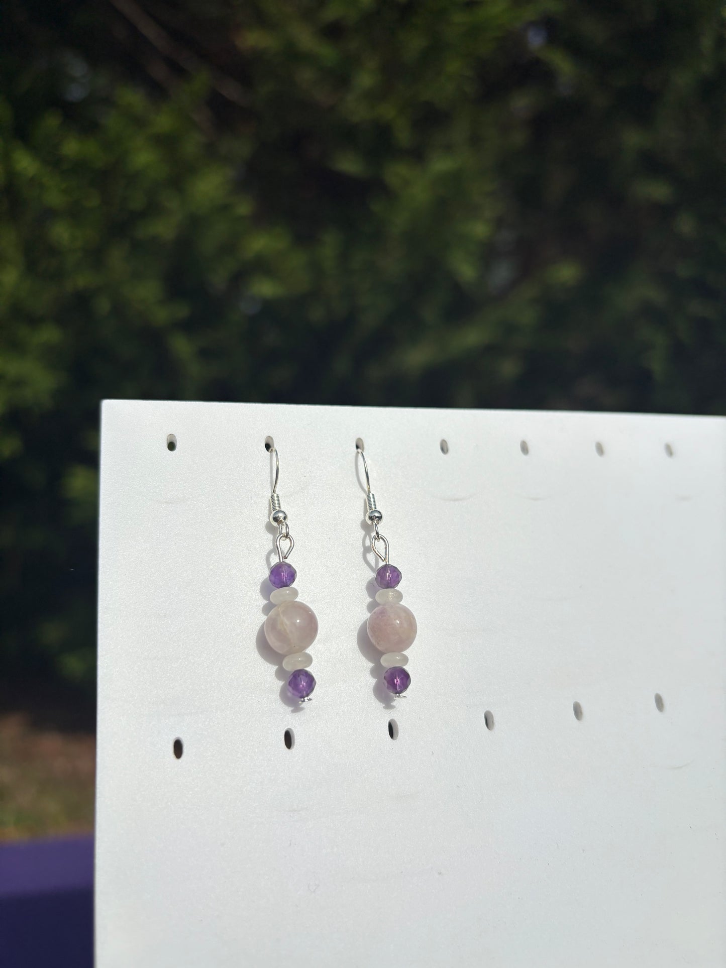 Kunzite, Amethyst, and White Jade Earrings