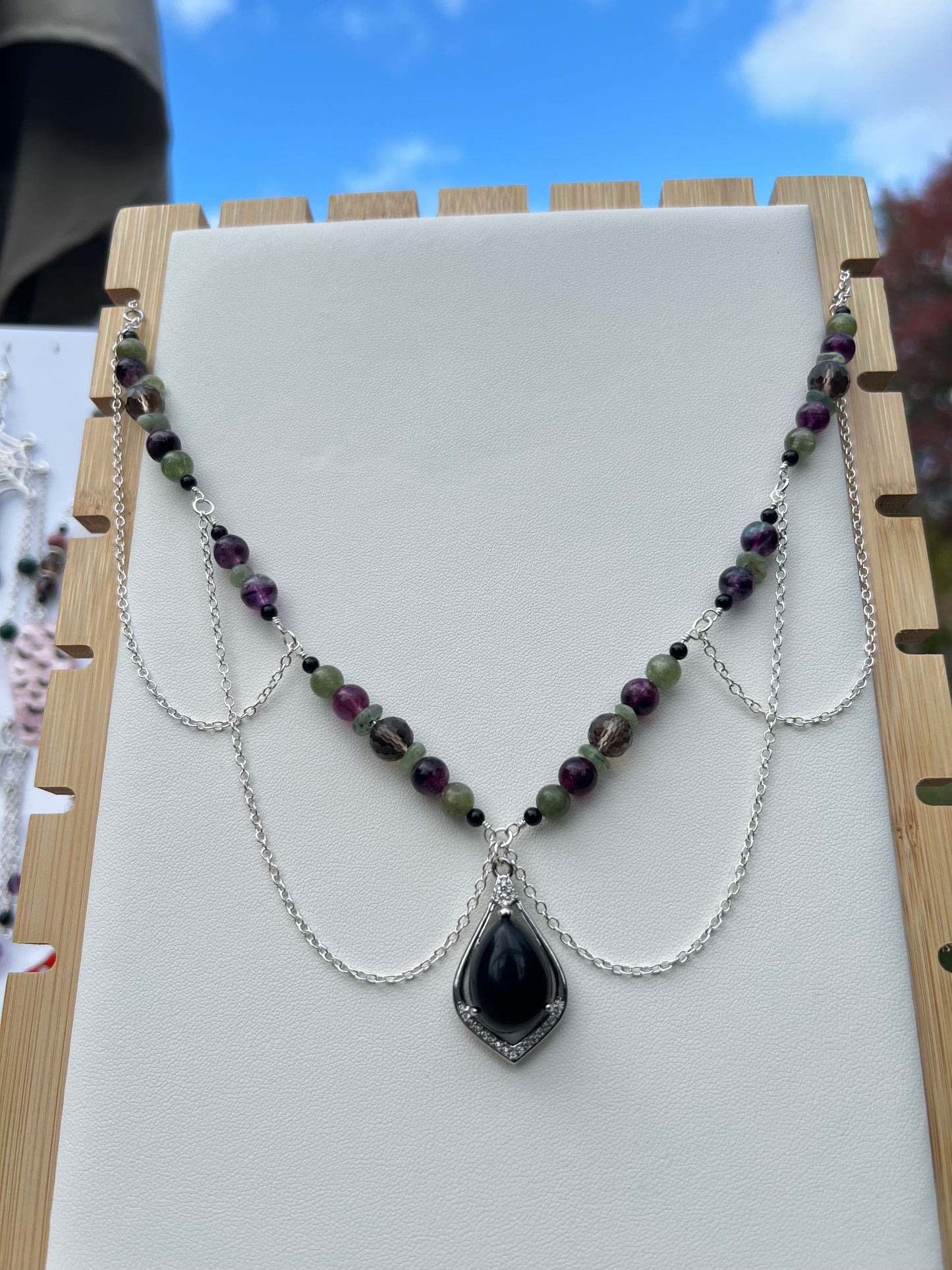 Purple Fluorite, Smoky Quartz, Green Apatite, Green Kyanite, Black Onyx Spooky Necklace