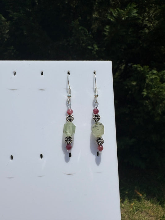 Prehnite & Pink Tourmaline Flower Earrings