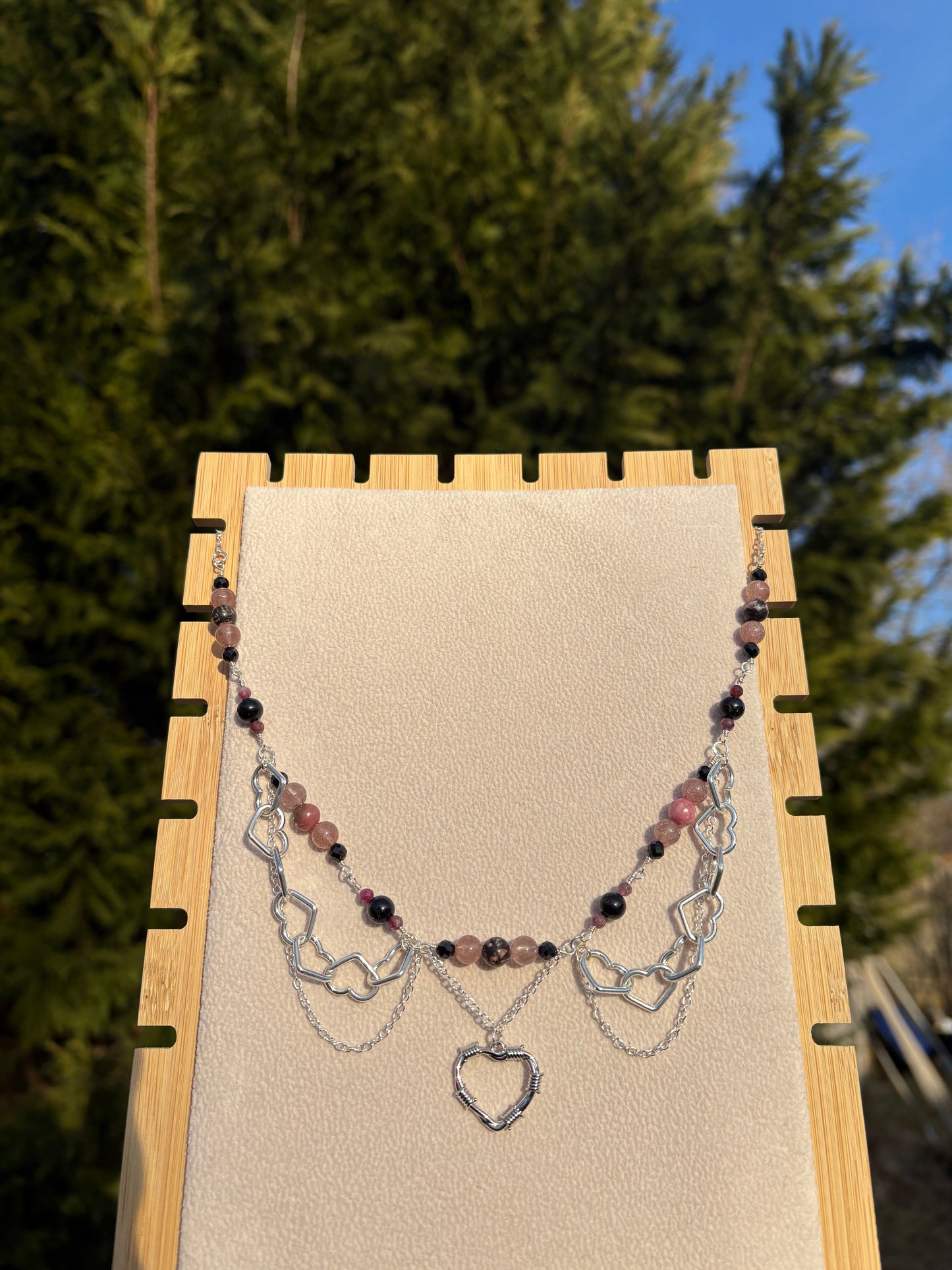 Rhodonite, Strawberry Quartz, Pink Tourmaline, Black Tourmaline, Black Spinel Cupid’s necklace