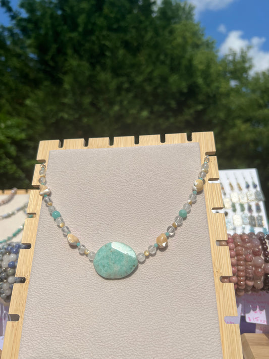 Peruvian Amazonite & Clear Quartz & Mother of Pearl mermaid necklace