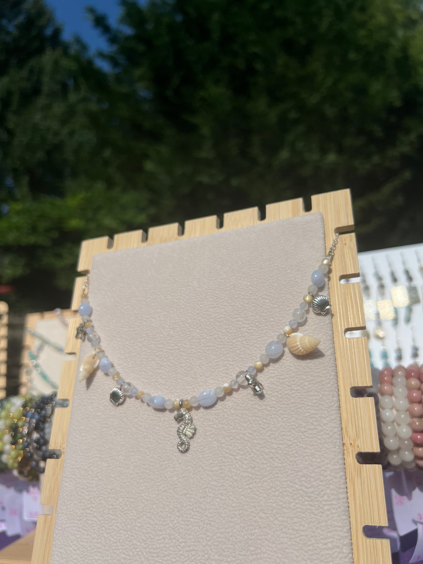 Blue Lace Agate & White Jade & Clear Quartz & Mother of Pearl mermaid necklace