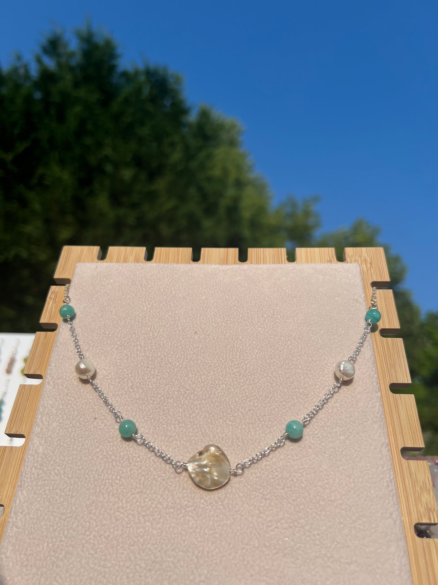 Peruvian Amazonite & Freshwater Pearl & Mother or Pearl mermaid necklace