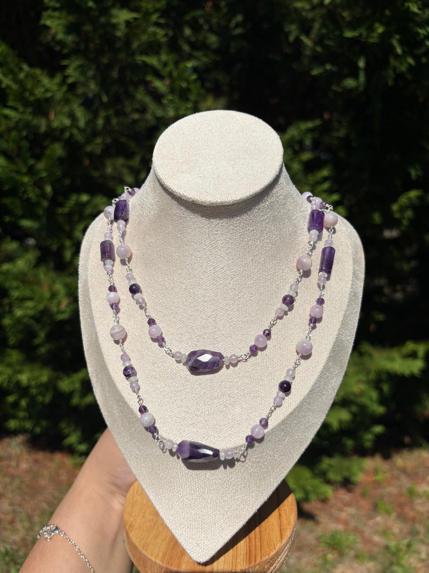 Amethyst, Kunzite, White Jade Double tiered necklace