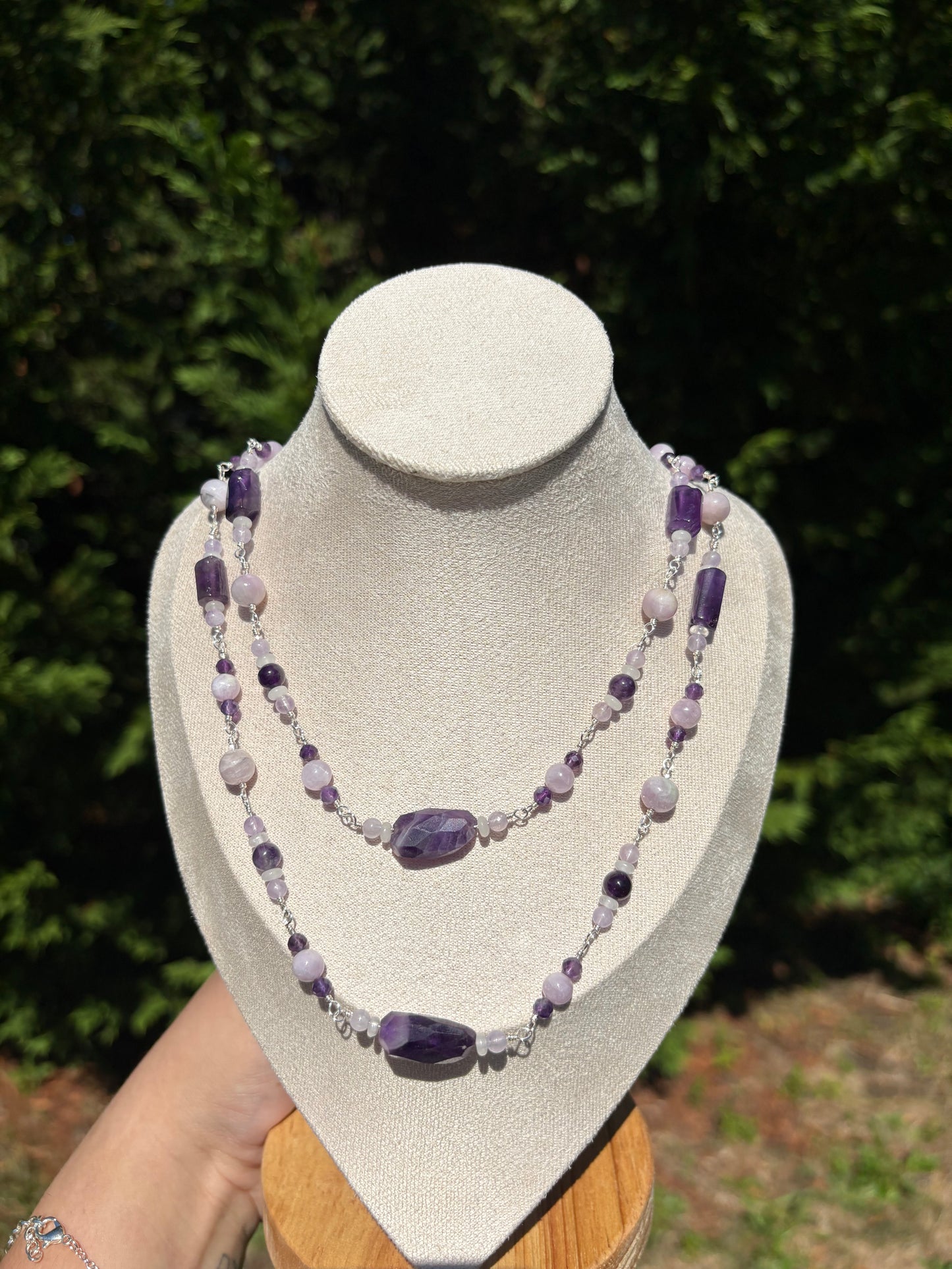 Amethyst, Kunzite, White Jade Double tiered necklace